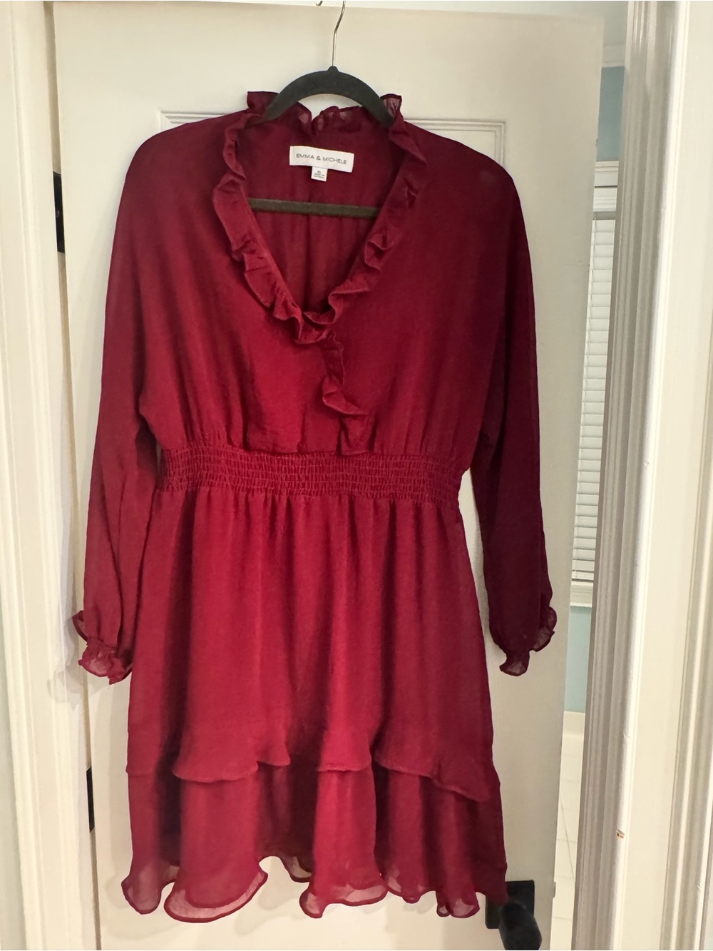 Emma & Michele Burgundy Ruffle V-Neck Long Sleeve Dress